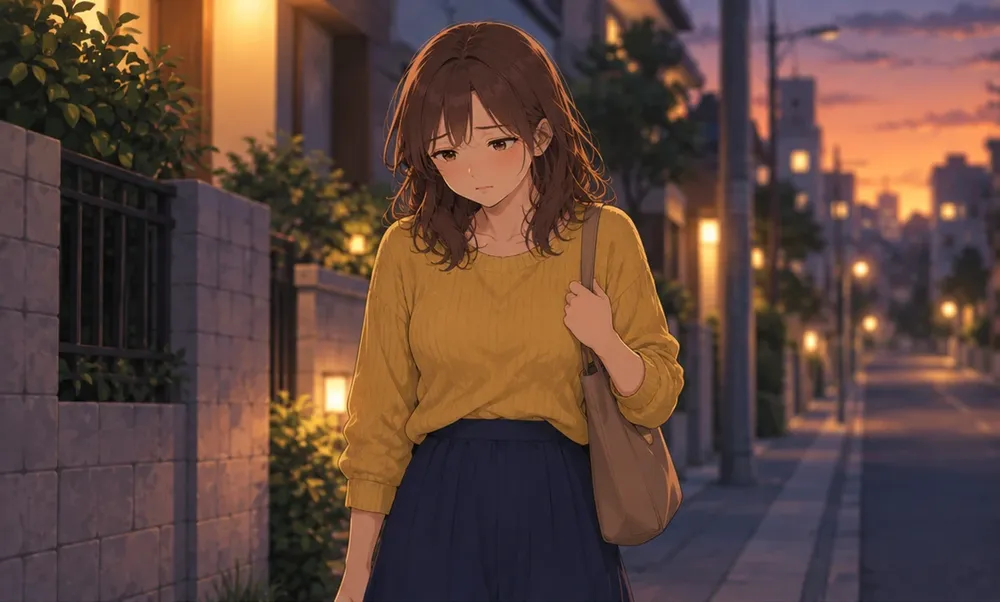 夕暮れの道を、ひとりでうつむいて歩く妻