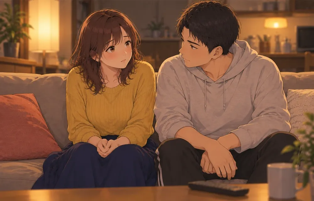 夜のソファ。夫の隣に座り、手を組んで少し緊張している妻