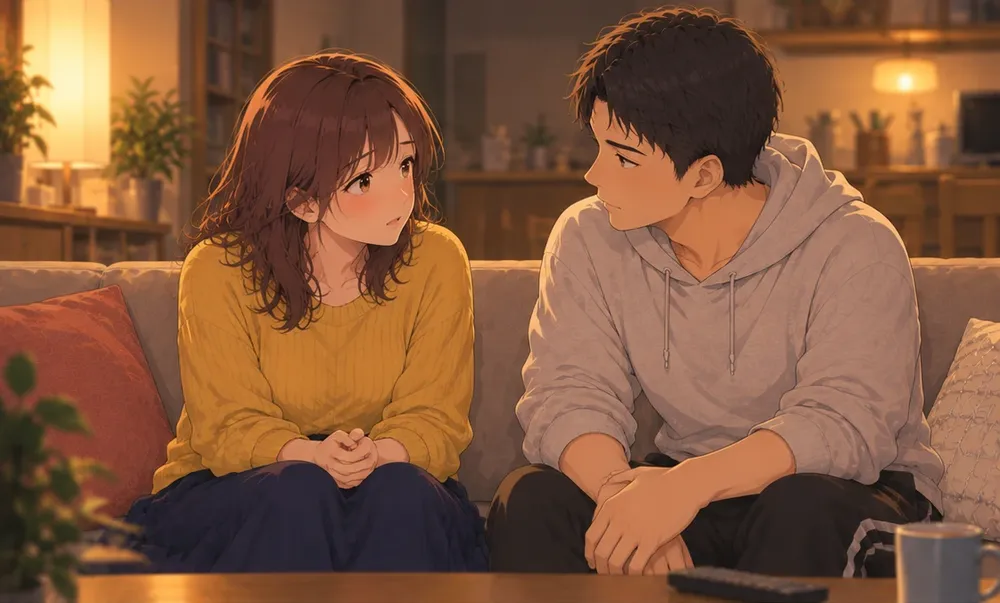 妻のほうに向き直って、話を聞く夫