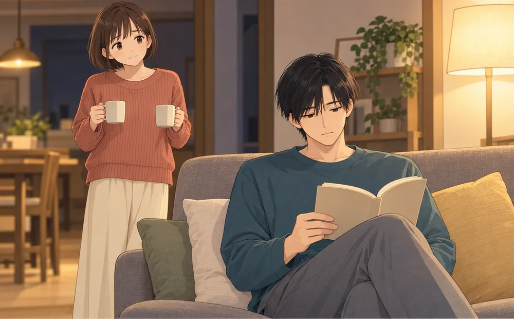 夜のリビングで、ソファで本を読む夫と、マグを二つ持って少し離れて見ている妻