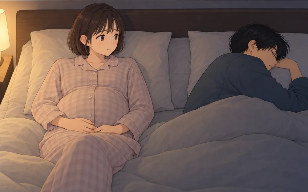 夜の寝室で、おなかの大きい妻がベッドで起きていて、隣で夫が眠っている
