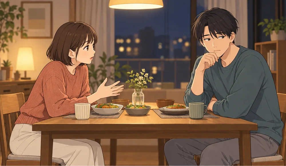 夜のダイニングで、身を乗り出して話す妻と、少し目をそらしてうなずく夫