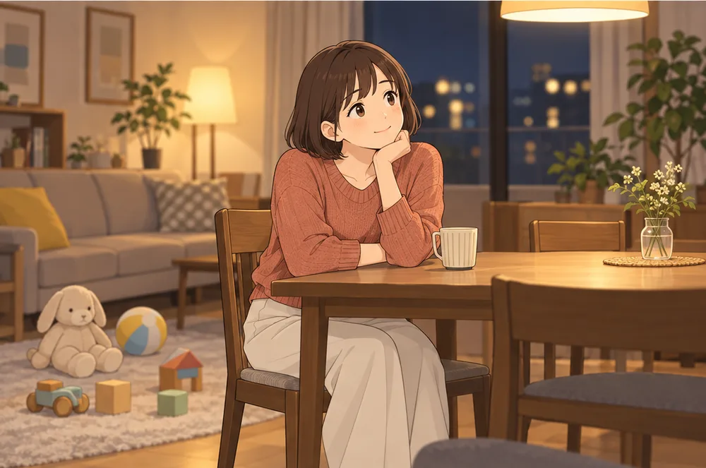 夜のダイニングで、お茶を前にひとり考える妻と、床に置かれた幼児のおもちゃ