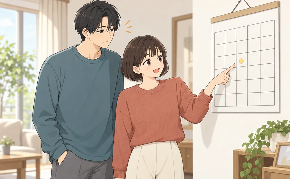 昼のリビングで、壁のカレンダーの印を指さす妻と、それを見てほほえむ夫