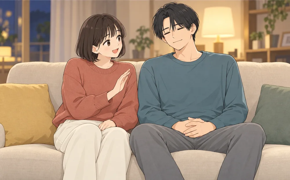 夜のソファで、手を軽く上げてやさしく話す妻と、肩の力が抜けた夫