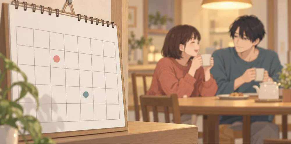 印が二つついた卓上カレンダーと、奥でお茶を飲みながら笑い合う二人