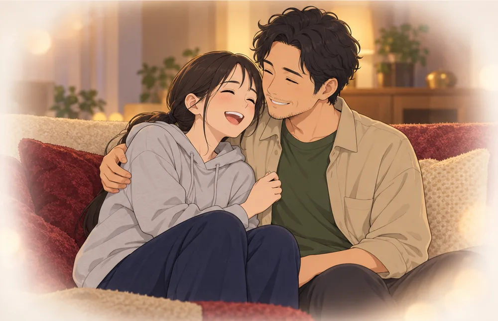 新婚のころ、ソファで笑い合う二人