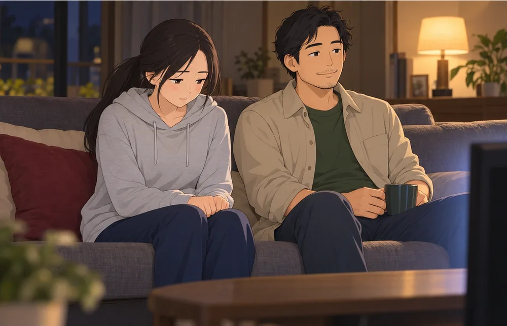 夜のソファで、言いかけて口を閉じる妻