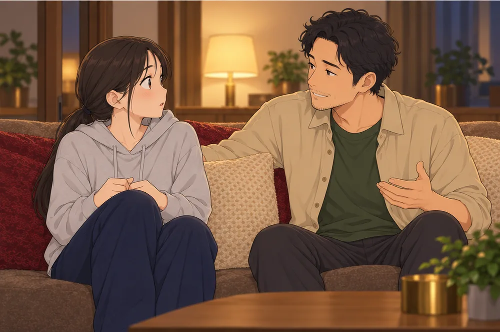 ソファで妻のほうを向いて問いかける夫と、驚く妻