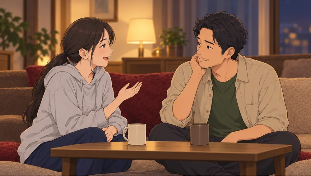 床に向かい合って座り、静かに話す夫婦