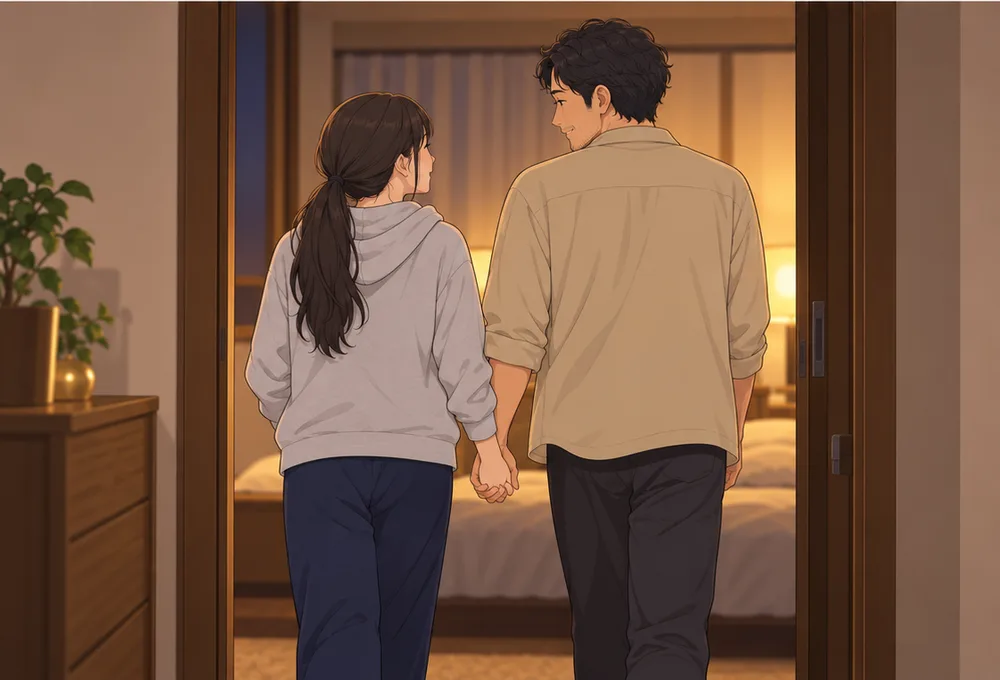手をつないで寝室へ入る夫婦の後ろ姿