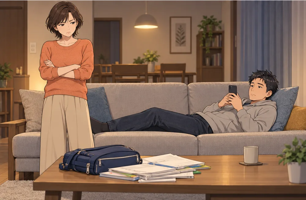 ソファでスマホを見ている夫と、腕を組んで立っている妻