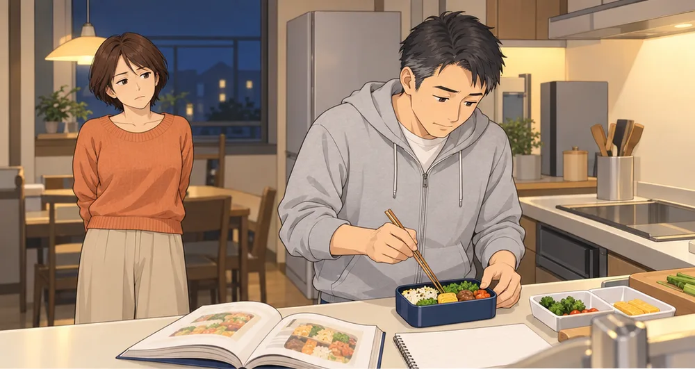 本を見ながら子どもの弁当を詰める夫と、離れて見ている妻