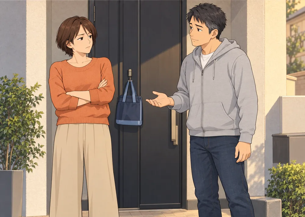 玄関先で妻を誘う夫と、腕を組んだまま断る妻