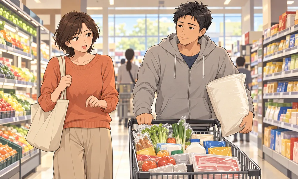 スーパーでカートを押す夫と、話しかける妻