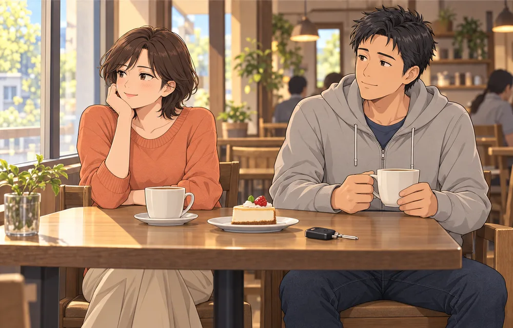 カフェで向かい合ってお茶を飲む夫婦
