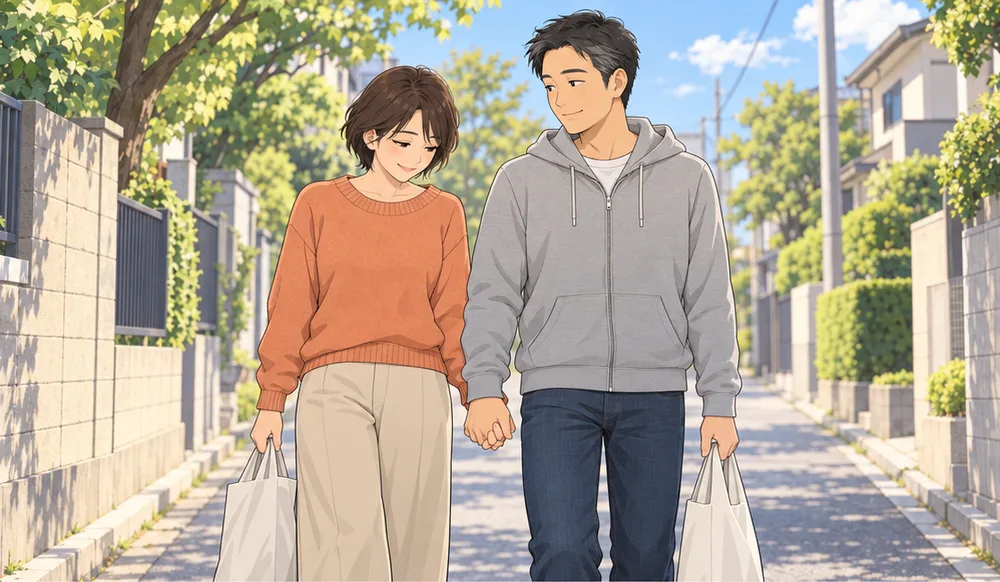 買い物袋を持って、手をつないで歩く夫婦