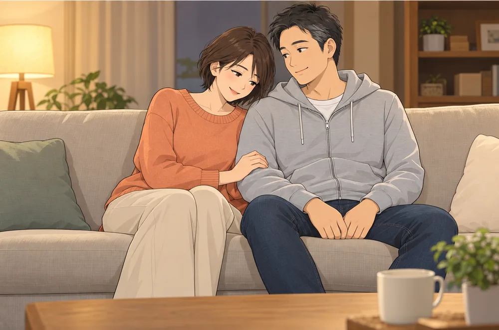 ソファで並んで座り、夫の腕にそっと手を添える妻