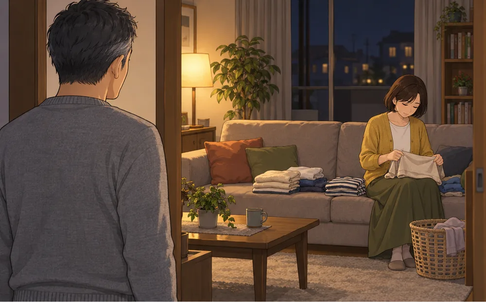 夜のリビング。ソファで一人洗濯物をたたむ妻を、夫が戸口から見ている