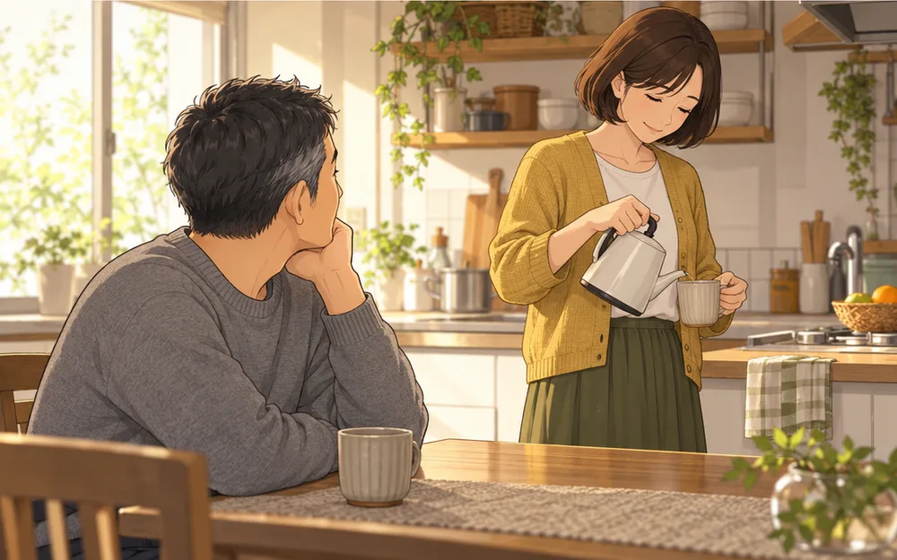 明るい台所でお茶をいれながら微笑む妻と、テーブルからそれを見ている夫