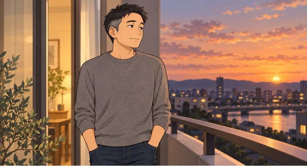 夕暮れのベランダで、ポケットに手を入れて考えている夫