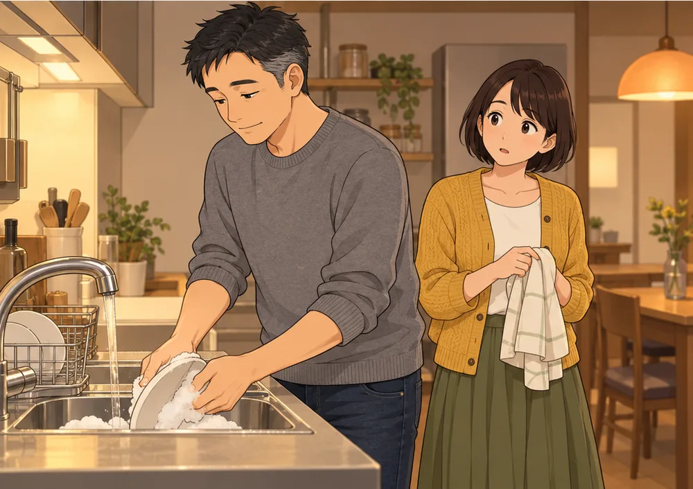 台所で皿を洗う夫と、後ろでふきんを持って少し驚いている妻