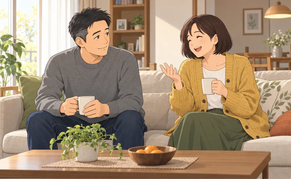 明るいリビングのソファで、マグを手に笑って話す妻と、微笑む夫