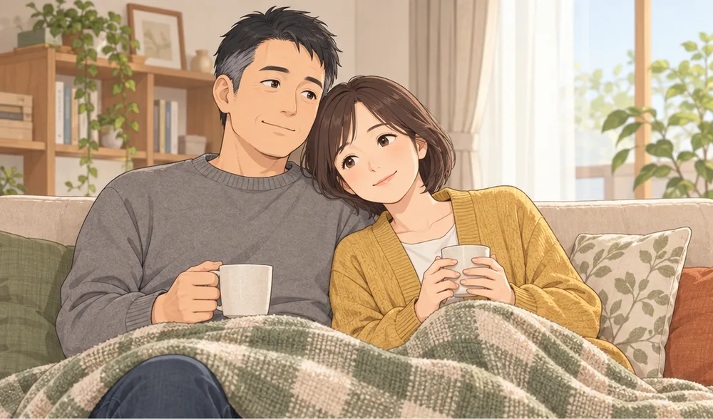 ソファでひざ掛けをかけ、夫の肩にもたれる妻