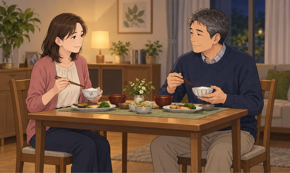 夜の食卓で、向かい合って夕食をとる年の離れた夫婦