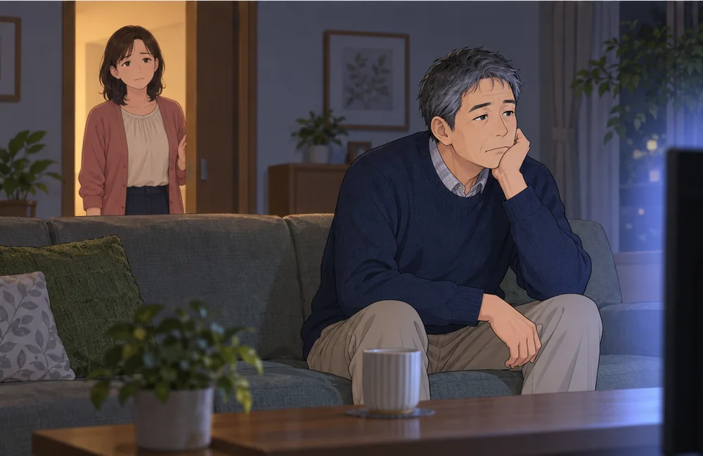 夜のリビングで、ぼんやりとテレビを見る夫と、戸口から心配そうに見る妻