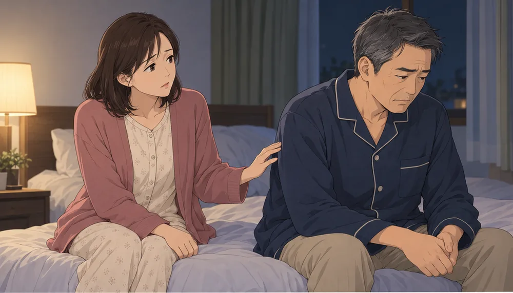 夜の寝室で、ベッドに腰かけてうつむく夫と、その背中にそっと手を置く妻