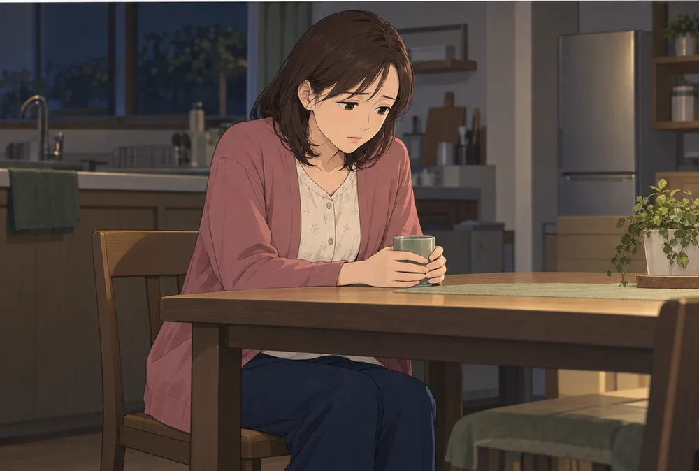夜の台所で、カップを両手に持ってひとりうつむく妻