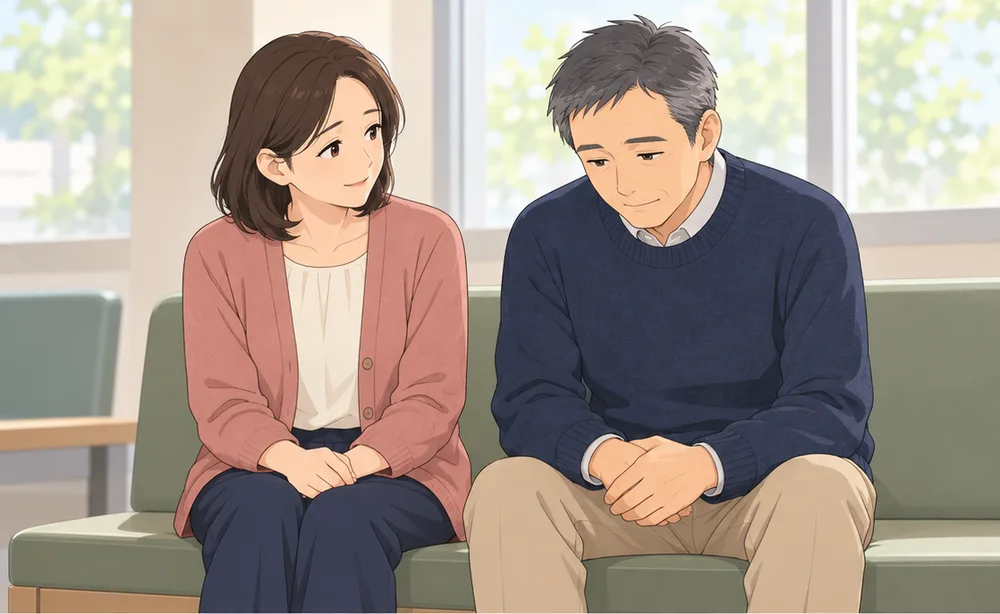 明るい待合のベンチに並んで座る二人