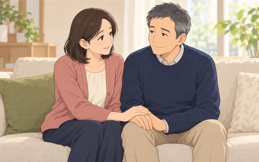 昼のソファで、夫の手に手を重ねる妻と、ほっとほほえむ夫