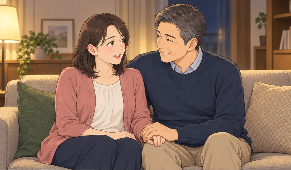夜のソファで、寄り添って笑い合う二人