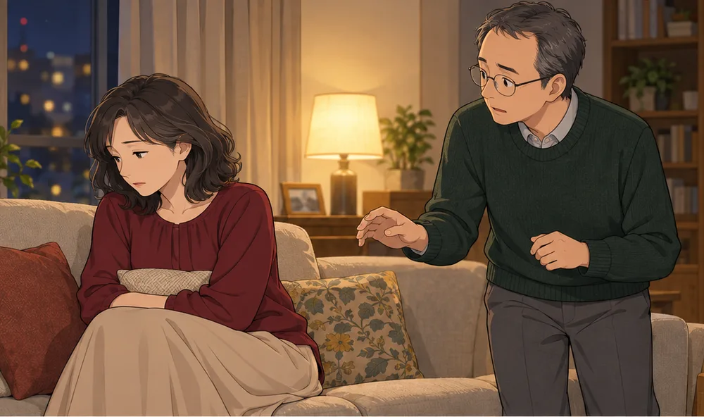 手を伸ばす夫と、肩をそむける妻