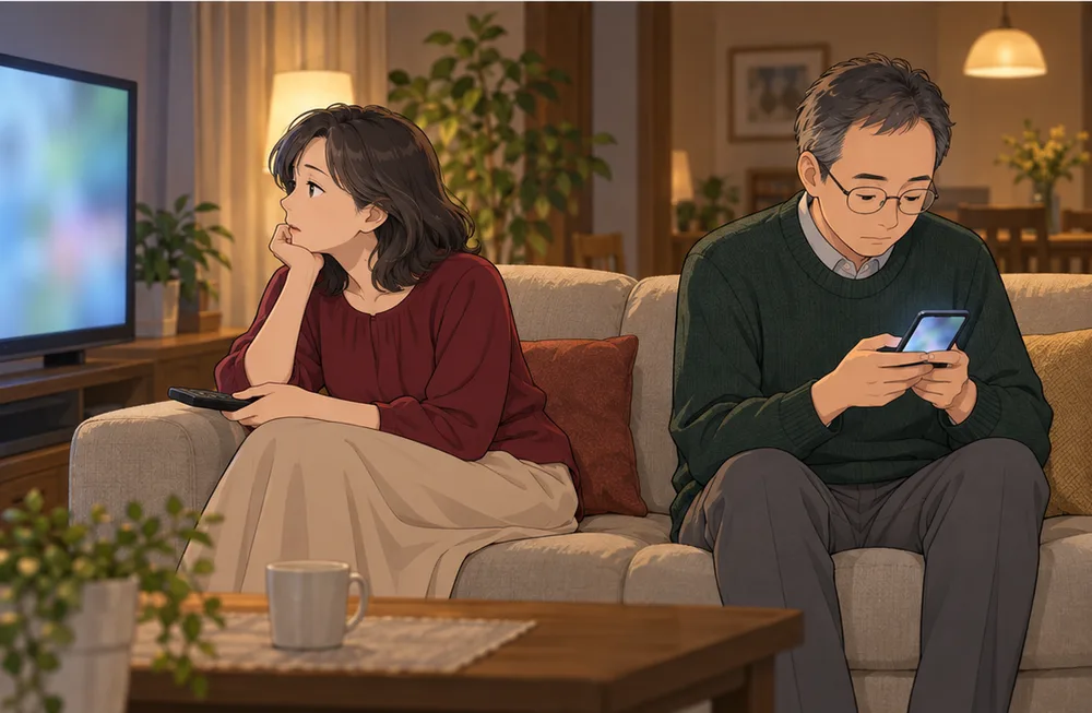 話しかける夫と、テレビを見つめたままの妻