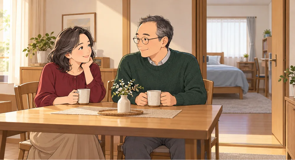子ども部屋のドアが開いたままの家で、二人でお茶を飲む夫婦