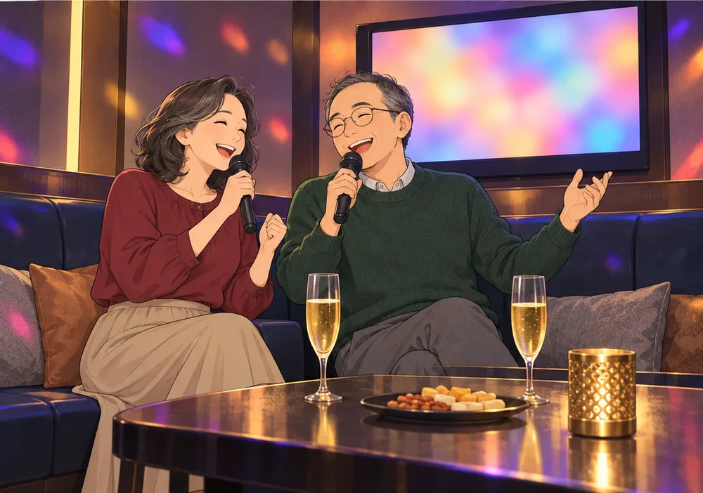 カラオケの部屋で、笑いながら歌う夫婦
