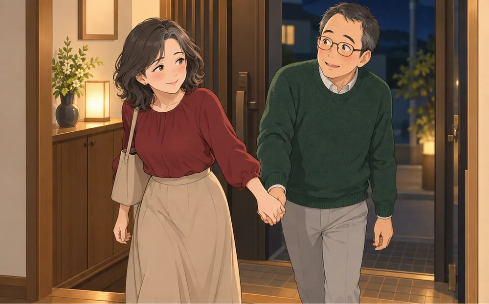 玄関で、出かけた服のまま夫の手を引く妻