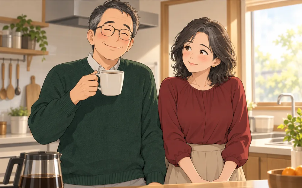 翌朝の台所で、コーヒーを手にうれしそうな夫と、照れる妻