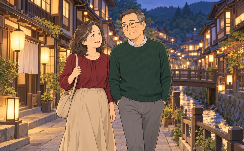 温泉街を並んで歩く夫婦