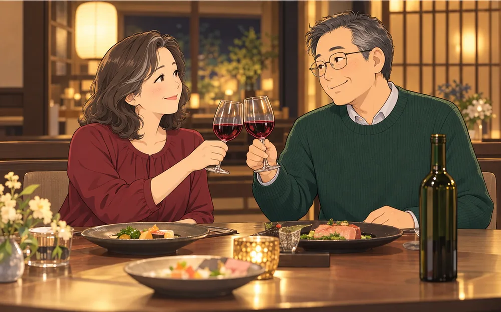 レストランでワイングラスを合わせる夫婦