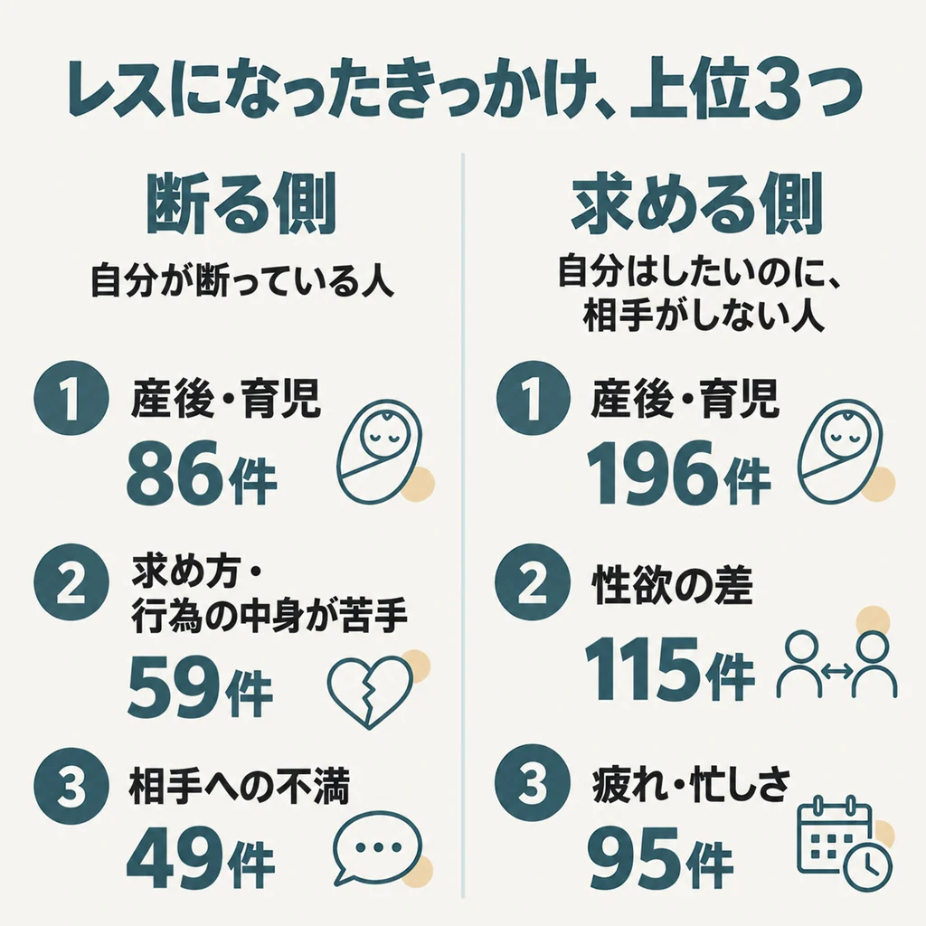 レスになったきっかけ、上位3つ。断る側（自分が断っている人）は、1 産後・育児86件、2 求め方・行為の中身が苦手59件、3 相手への不満49件。求める側（自分はしたいのに、相手がしない人）は、1 産後・育児196件、2 性欲の差115件、3 疲れ・忙しさ95件
