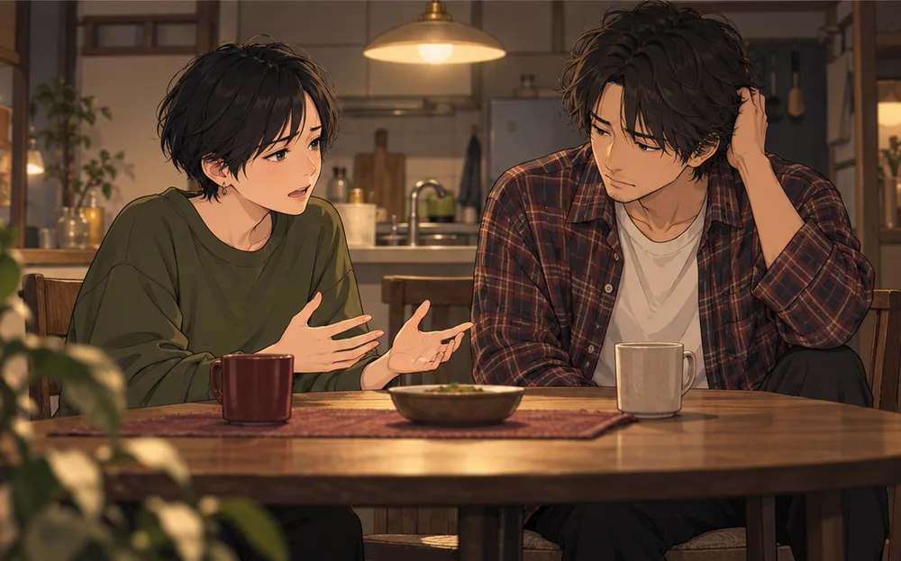 夜の小さな食卓で、悲しそうに話す妻と、頭をかく夫