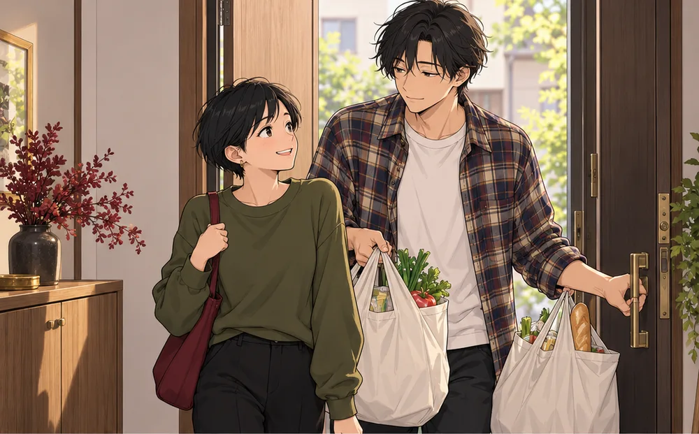 重い買い物袋を持ち、妻のためにドアを押さえる夫