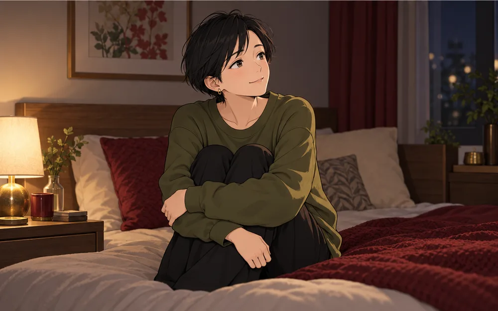 自分の部屋のベッドで、膝を抱えて小さくほほえむ妻