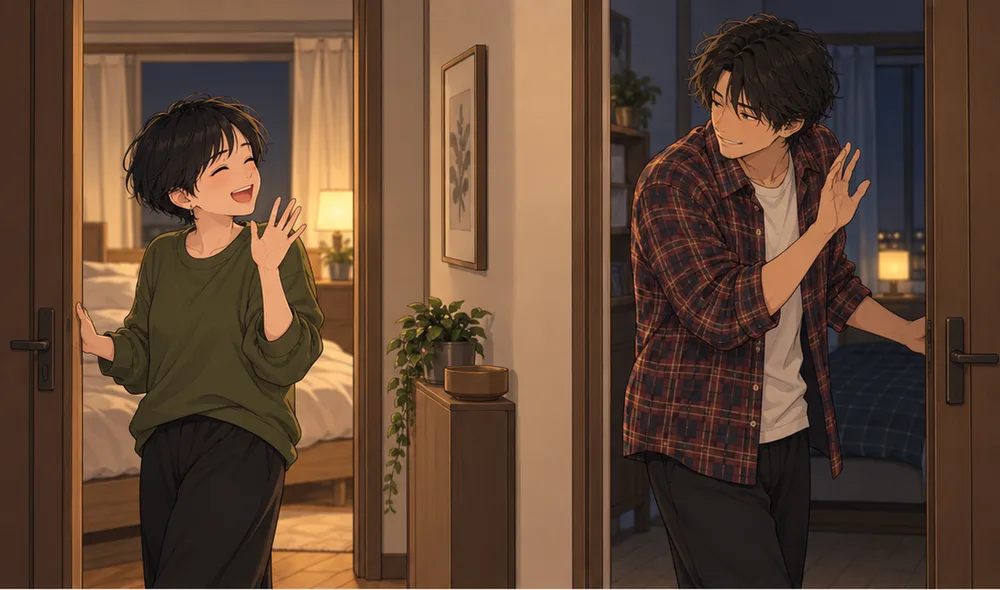 廊下でおやすみを言い、それぞれの部屋へ入る夫婦