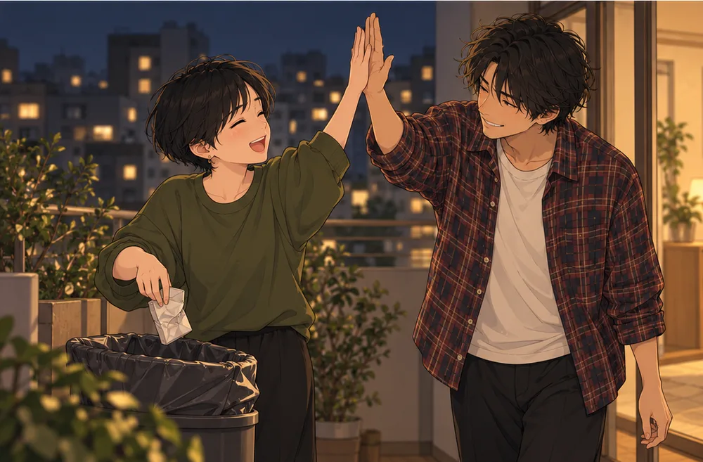 ベランダで、たばこの箱をつぶして手を合わせる夫婦