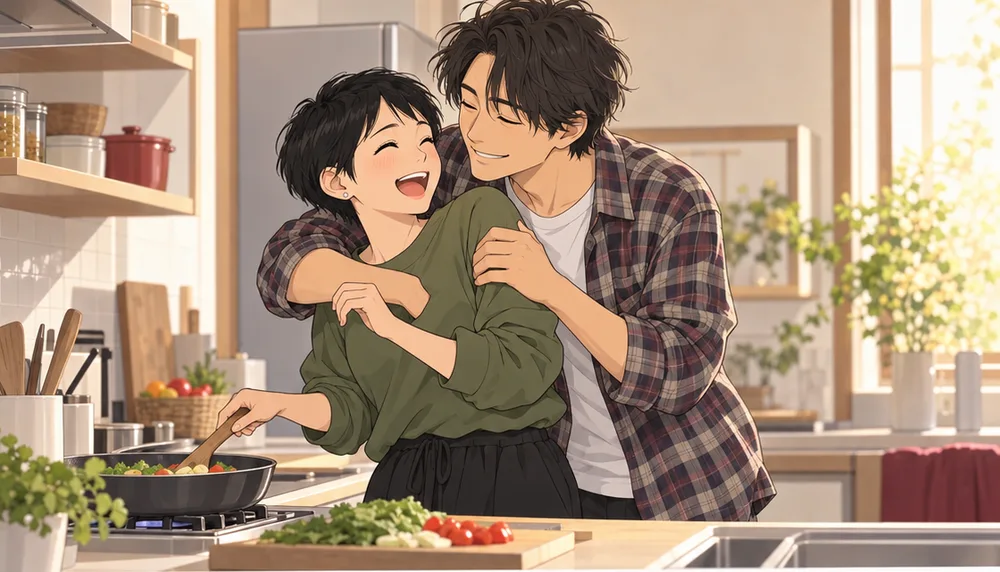 料理をする妻を横から抱きしめる夫